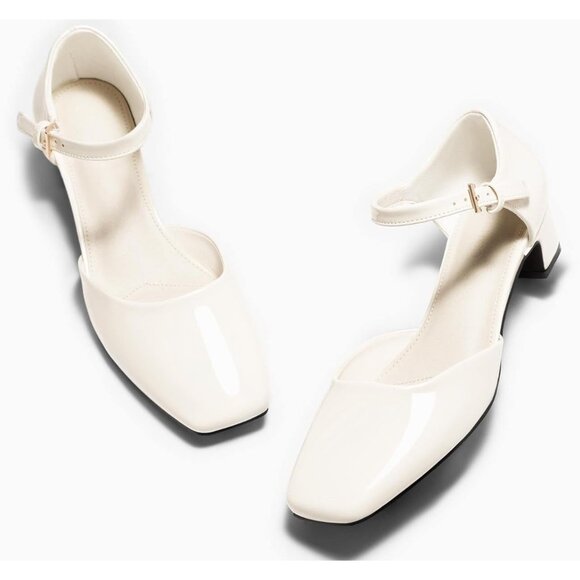 Womens Chunky White Heels Ankle Strap Square Toe Dress Pumps Work Party Shoes - Picture 3 of 5